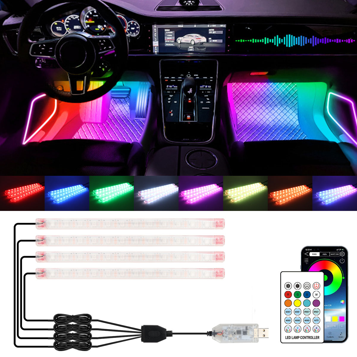 2/4in1 12/18 LED RGB Rainbow A - Led Ambient Interior Car Lights App Control 评论和价格